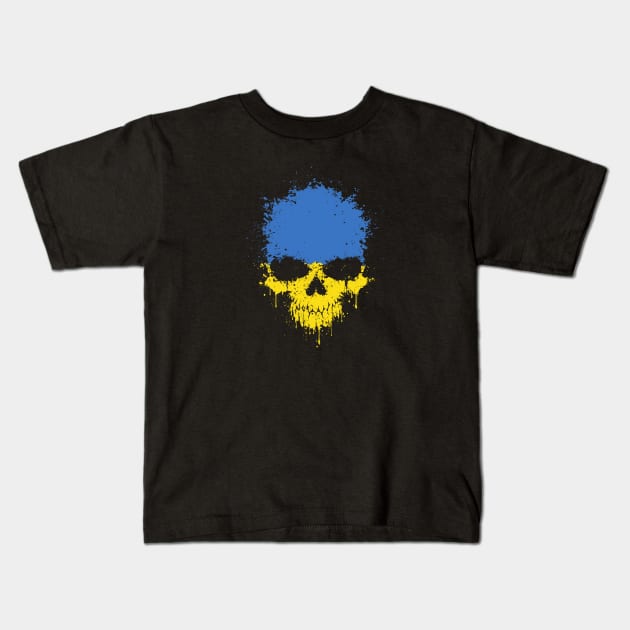 Chaotic Ukrainian Flag Splatter Skull Kids T-Shirt by jeffbartels